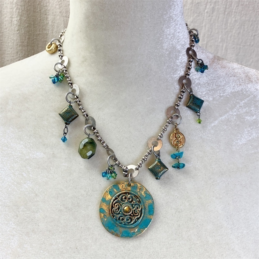 Chicos Silver tone necklace with brass medallion Pendant